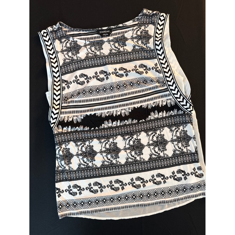 Bebe Womens Sleeveless Mixed Print Blouse Black White Paisley Chevron Small NEW - Picture 9 of 16
